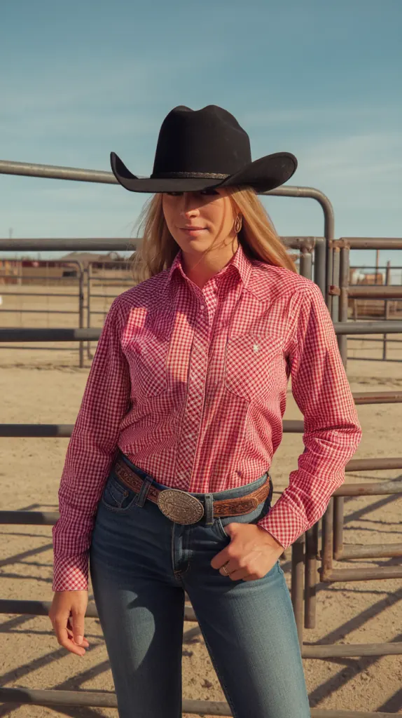woman in a pink plaid western shirt, jeans and black cowboy hat at a rodeo corral