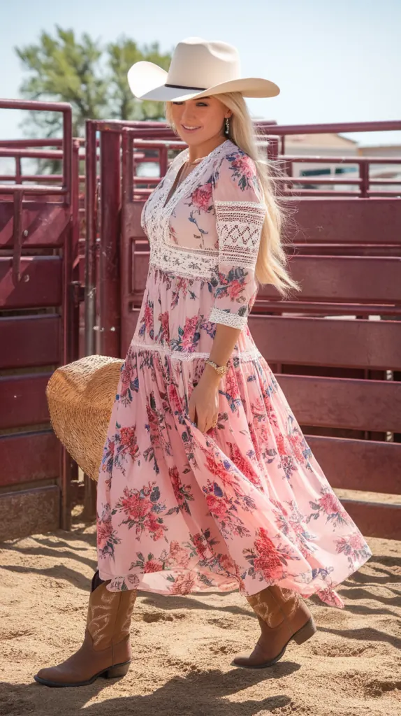 woman in a pink floral western maxi dress and cowboy boots by a rodeo pen