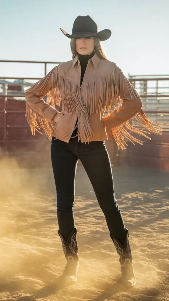 woman in a tan suede fringe jacket, black jeans and black cowboy boots in a dusty arena