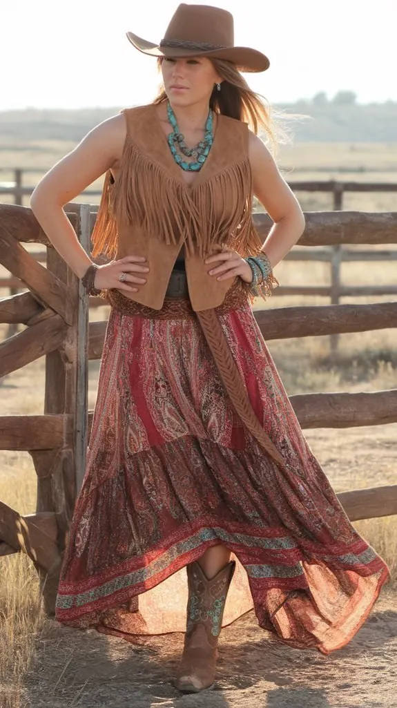 woman in a printed boho maxi skirt with a suede fringe vest and turquoise jewelry