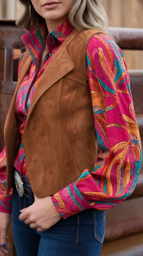 woman in a suede vest over a bright printed blouse