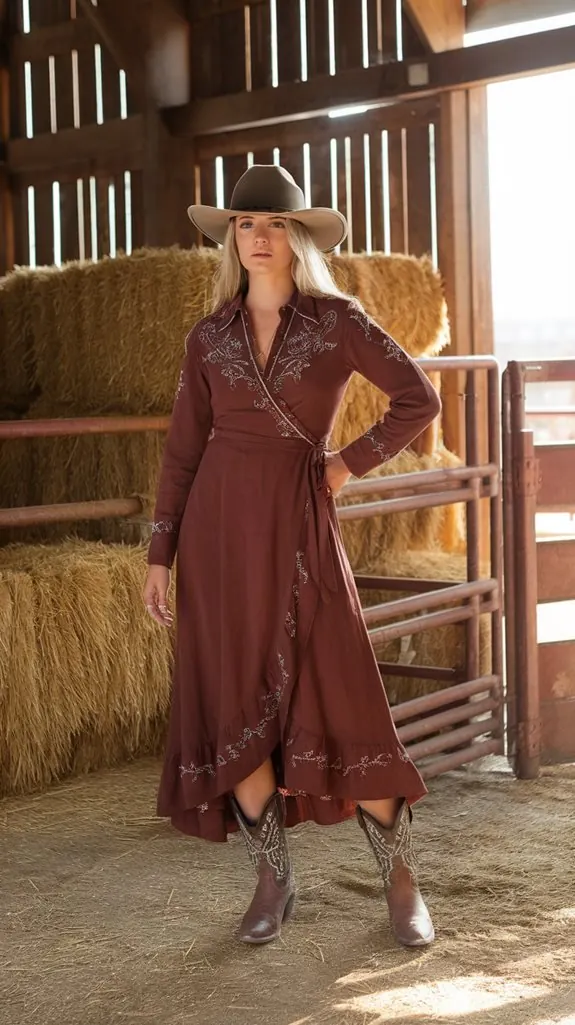 woman in a rust western wrap dress and cowboy boots in a barn