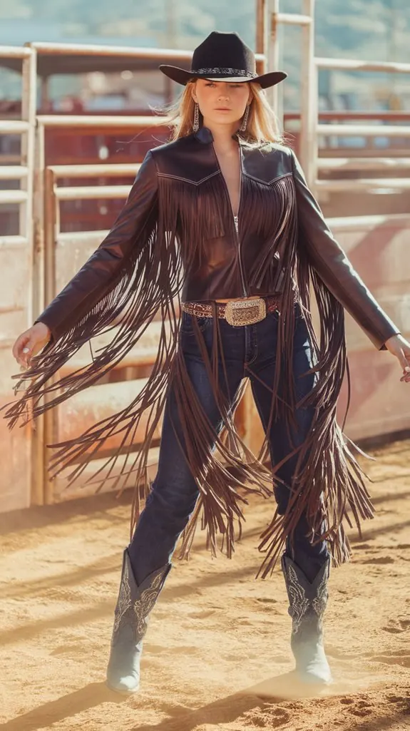 woman in a brown fringed leather jacket and dark jeans at a rodeo