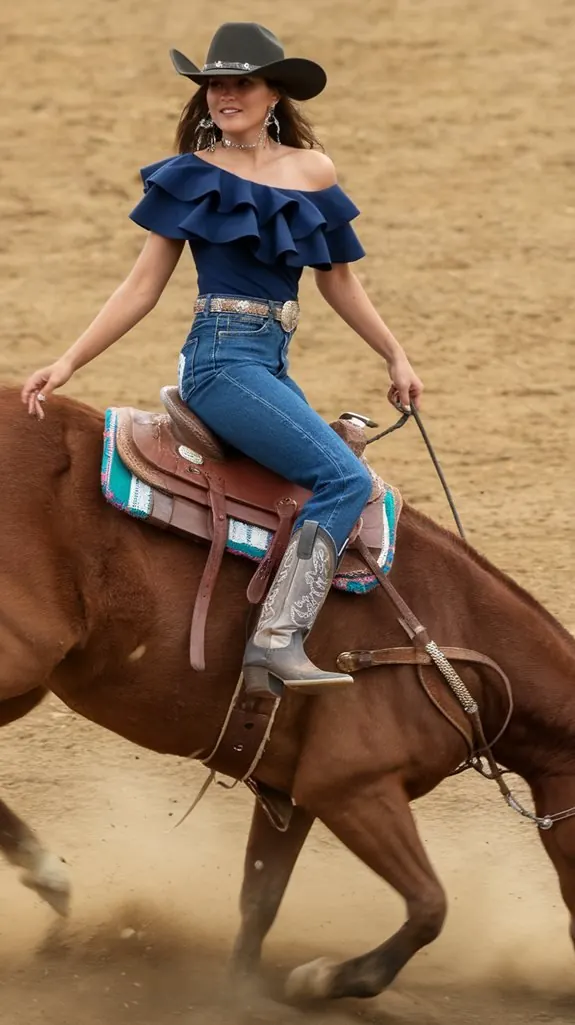 woman in a navy ruffled off-shoulder top and jeans riding a horse