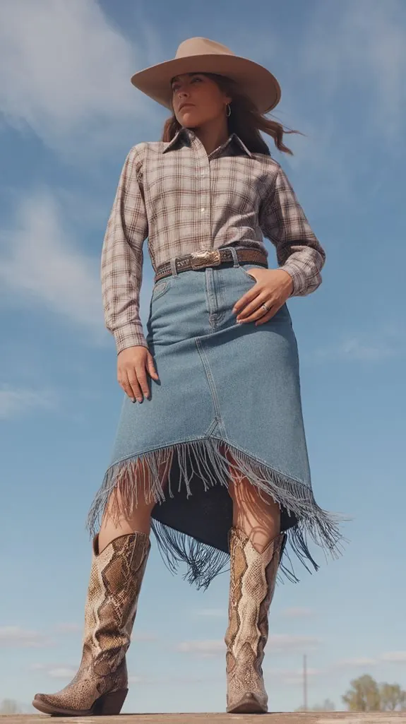 woman in a fringed denim skirt, plaid shirt and snakeskin boots