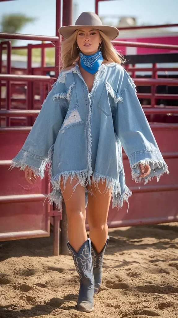woman in an oversized distressed denim jacket and cowboy boots