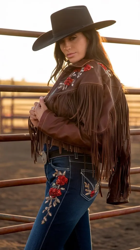 woman in floral embroidered jeans and a fringed leather jacket