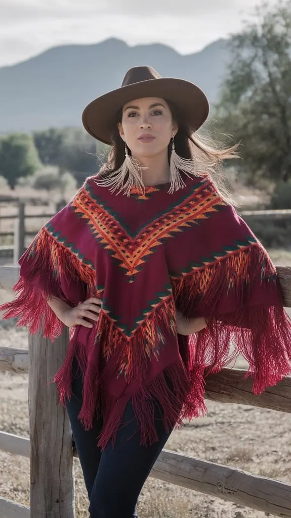 woman in a woven red poncho and a felt cowboy hat