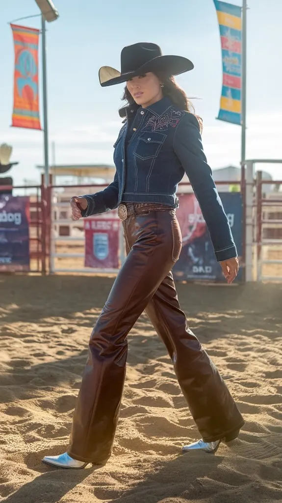 woman in brown leather pants and a denim western shirt