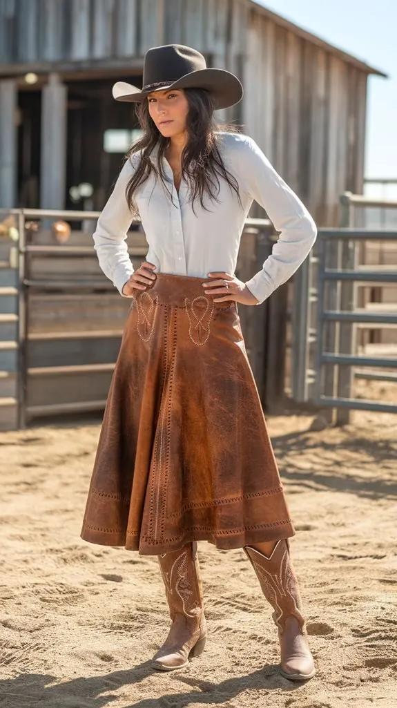 woman in a brown suede midi skirt, white blouse and cowboy boots