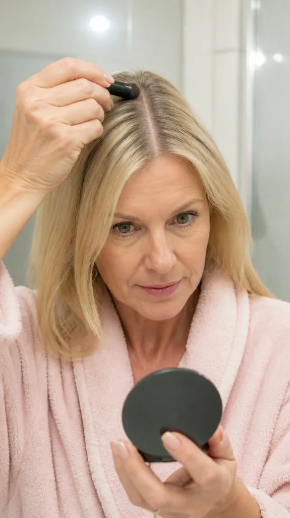 woman in her fifties brushing root powder along her part