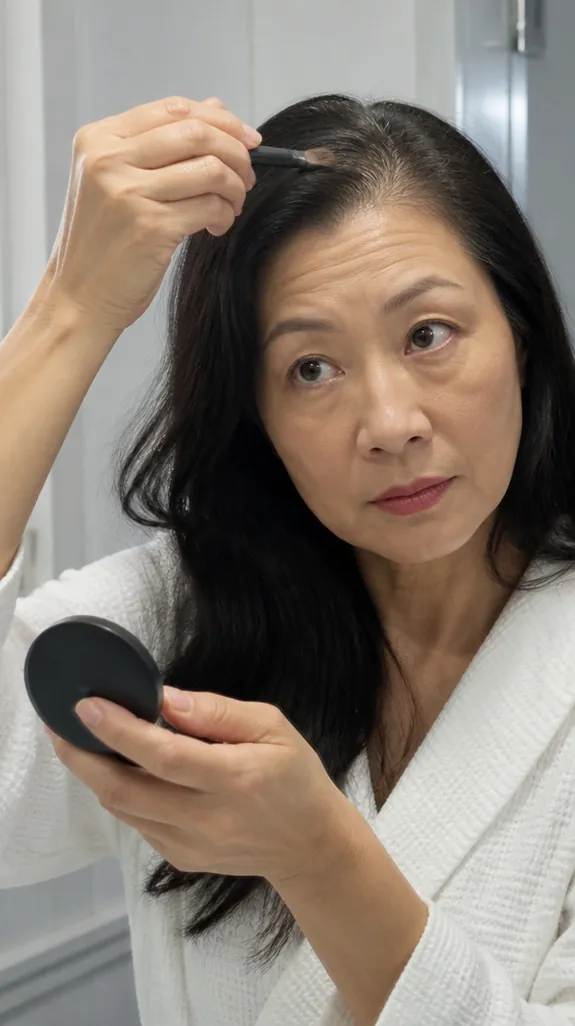 woman in her fifties brushing root powder along her part in a mirror