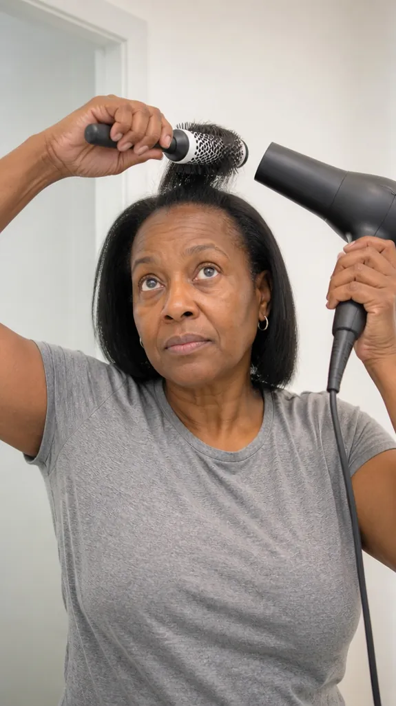 woman in her fifties blow-drying her fine hair with a round brush for root lift