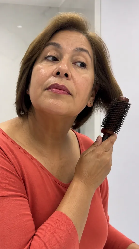 woman in her fifties shaping the ends of her short hair with a round brush