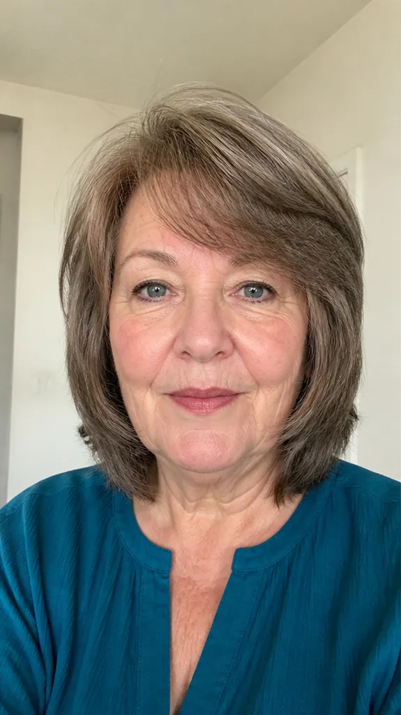 woman in her sixties with a round face and a shag ending below the chin