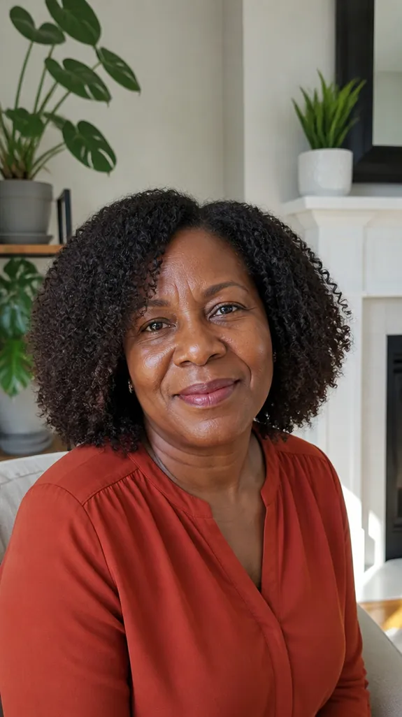 woman in her fifties with natural curls cut into a rounded shape