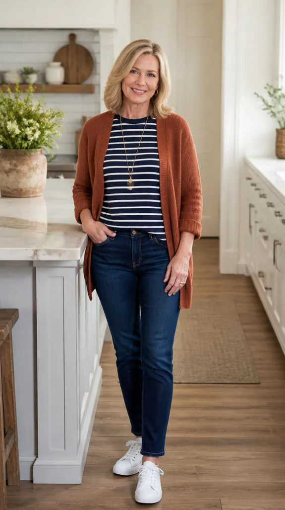 woman in her fifties in a rust cardigan over a striped tee