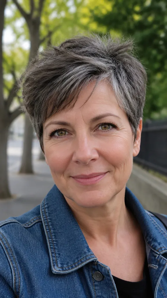 woman in her fifties with a salt-and-pepper bixie