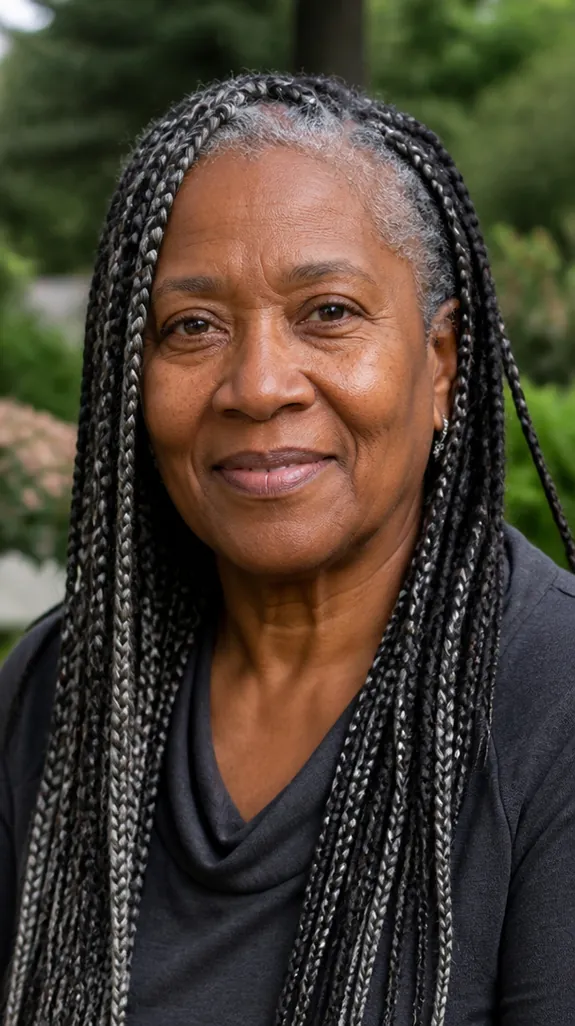 Black woman over 50 with salt-and-pepper box braids in black and gray