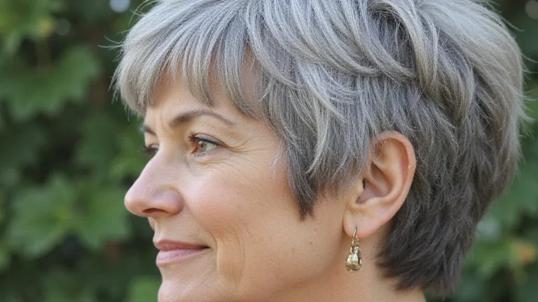 woman over 50 with a gray pixie cut, seen in profile