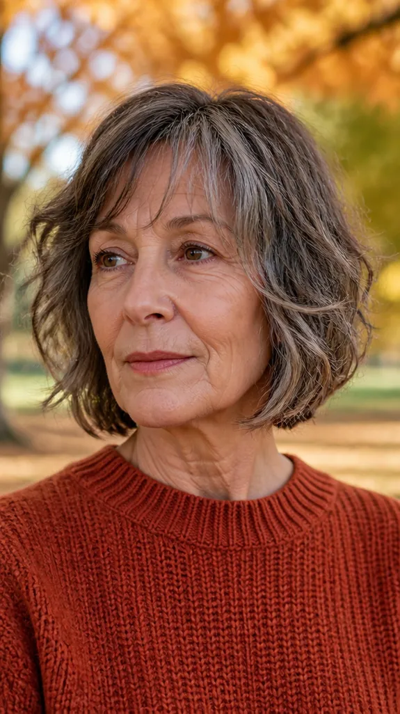 woman in her sixties with a salt-and-pepper shag