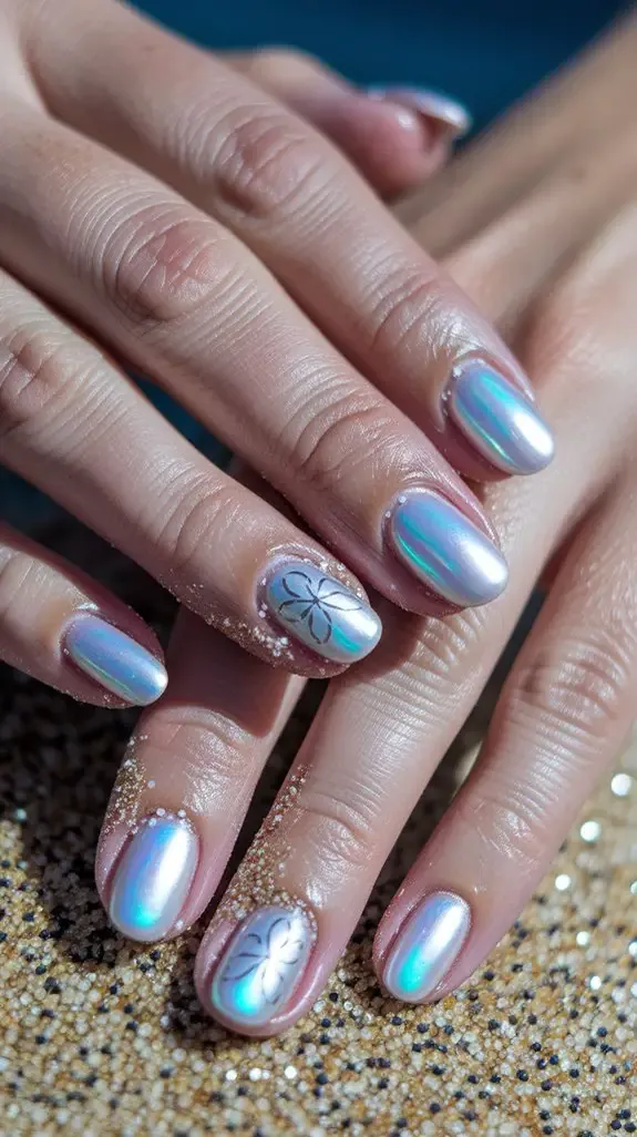 silver and cream nails with a sand dollar pattern