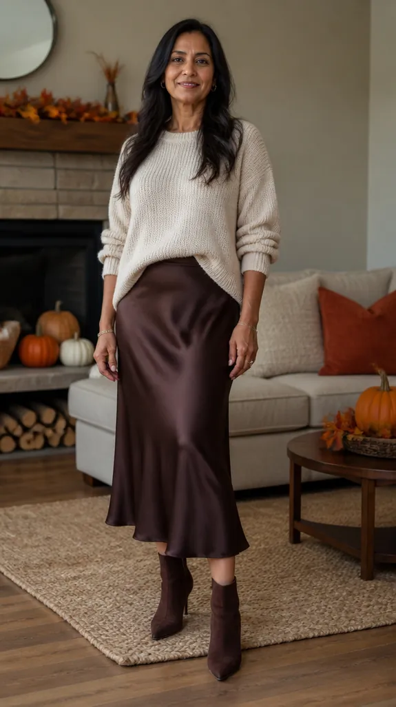 woman in her fifties in a satin midi skirt with a chunky cream sweater