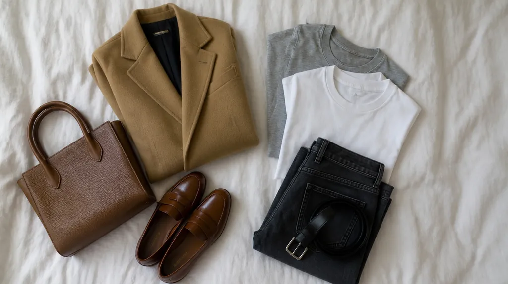flat lay of a camel coat, leather bag, loafers and basic tees showing where to save and spend
