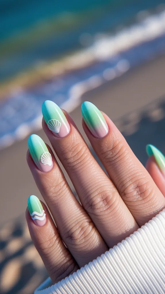 soft green and aqua frosted seaglass nails with a small shell