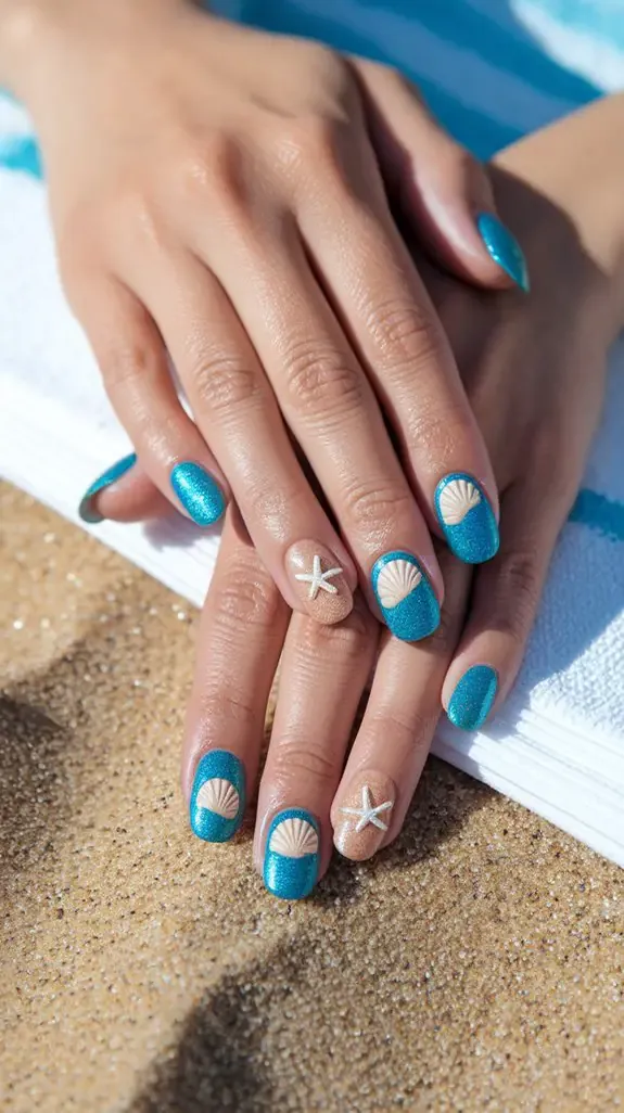 blue nails with small white seashell accents and shimmer