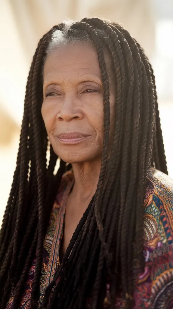 older Black woman with long black Senegalese twists