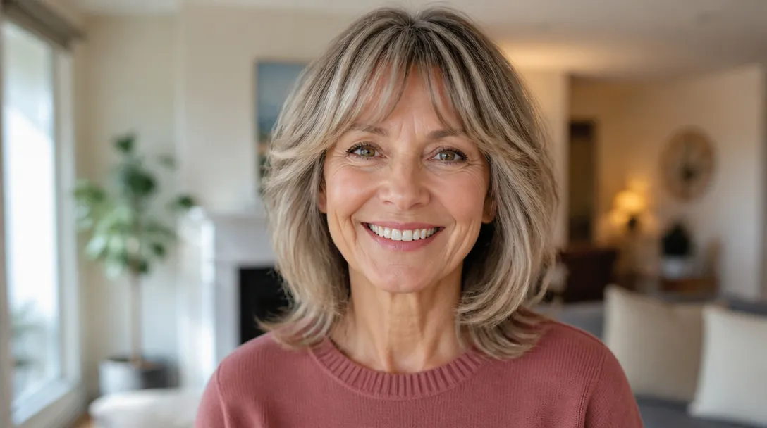 smiling woman in her sixties with a layered shag haircut