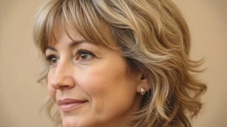 woman over 50 with a layered honey-blonde shag in profile
