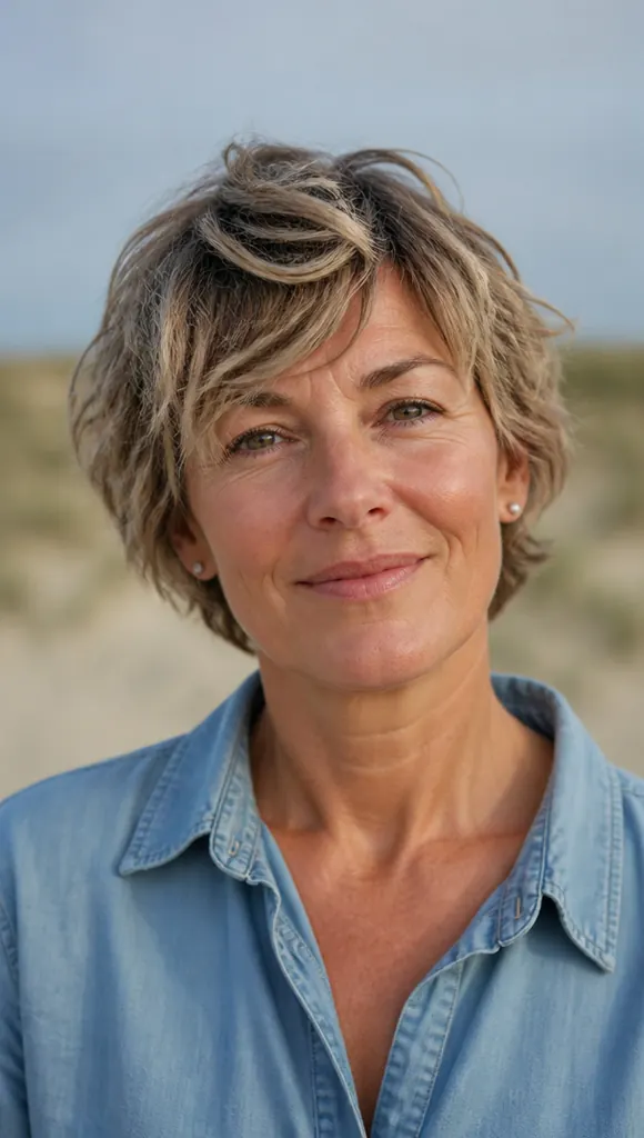woman with a shaggy dark-blonde bixie on beachy waves