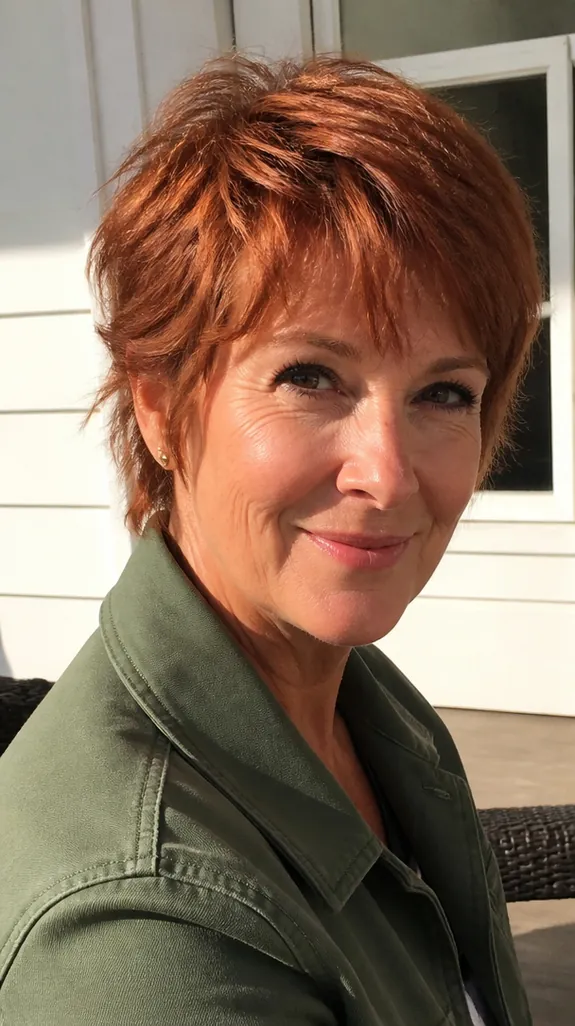 woman in her fifties with a choppy, shaggy copper bixie