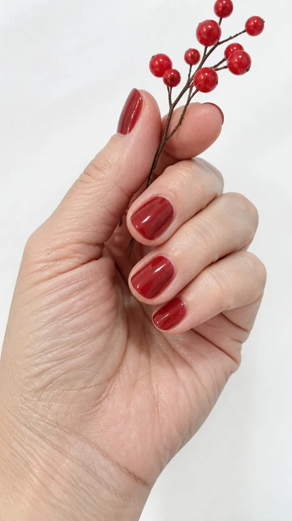 short nails in a sheer red jelly polish