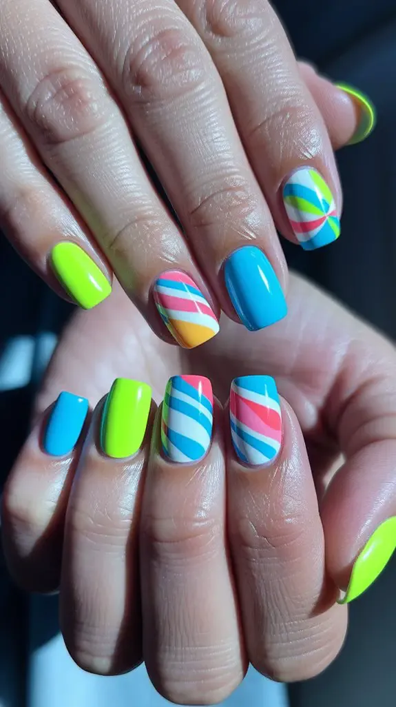 short nails in bright beach ball colors with striped accents