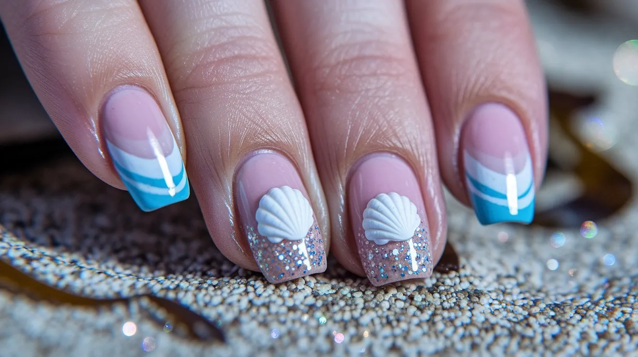 short nude nails with seashell and wave accents on sand