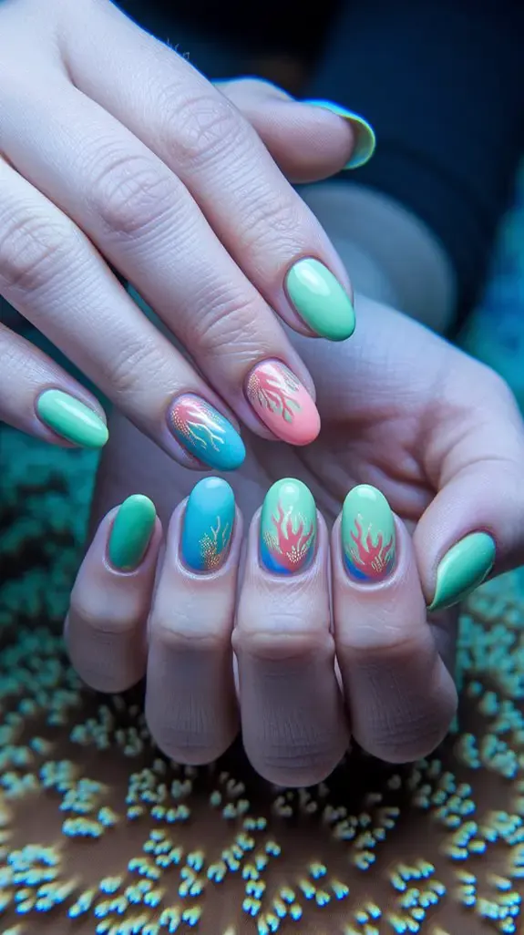 short nails in alternating coral, pink and aqua