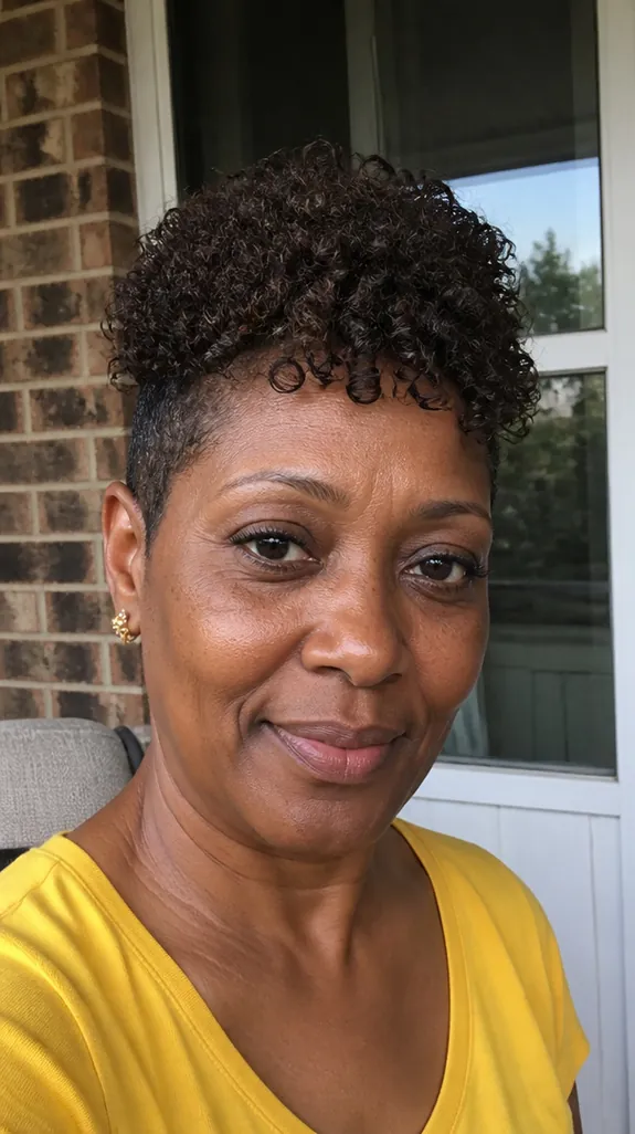 woman in her fifties with a short curly pixie