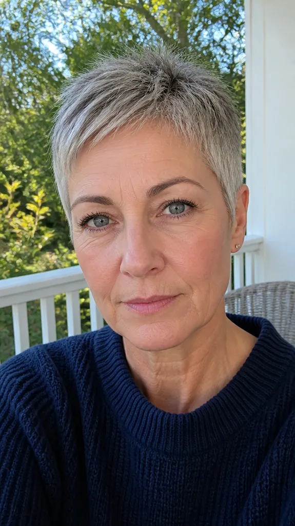 woman in her fifties with a short silver pixie cut with a little darker color at the tips