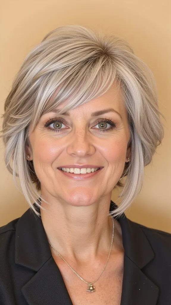 woman over 50 with a layered blonde-gray bob