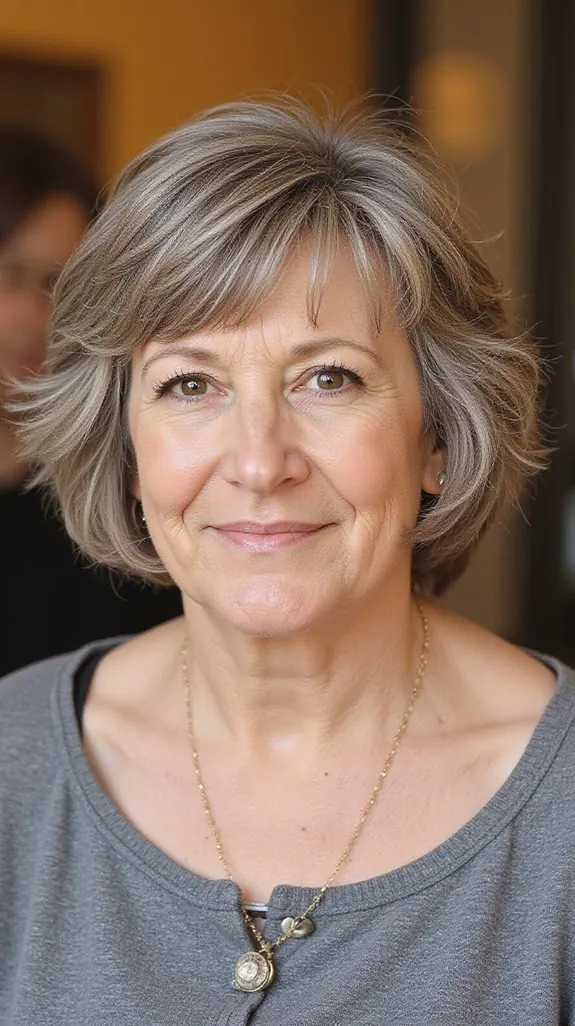 woman over 50 with a choppy brown-gray bob