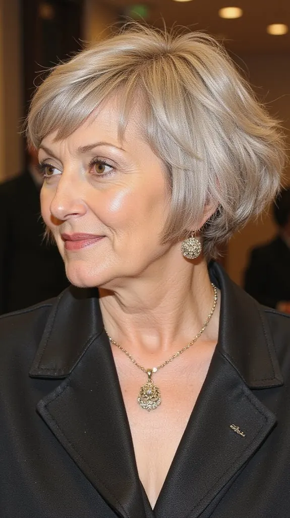 woman over 50 with a gray-blonde French bob
