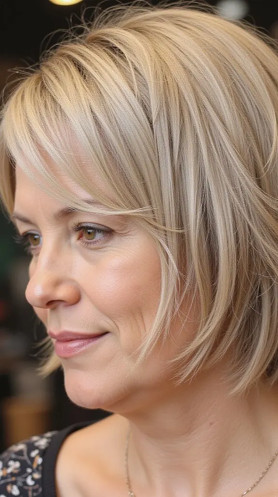 woman over 50 with a blonde side-swept bob