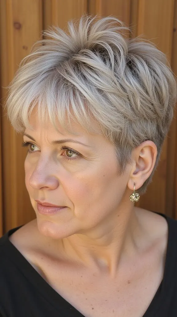 woman over 50 with a short gray layered cut and wispy bangs