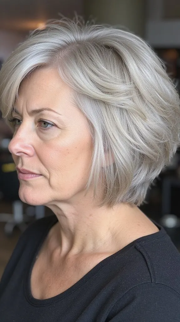 woman over 50 with a silver rounded bob