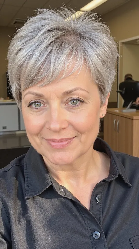 woman over 50 with a silver wedge cut