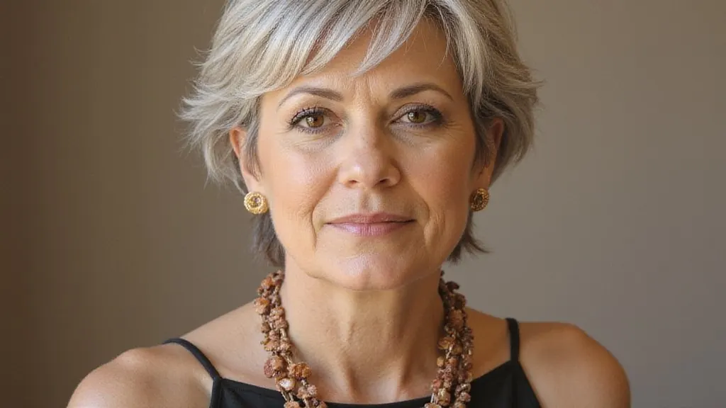 woman over 50 with a short silver layered cut