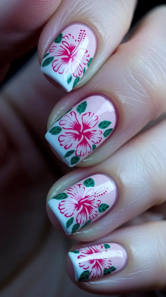 short nails with a pink hibiscus flower on the accent nail